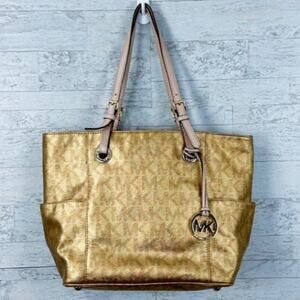Michael Kors metallic gold Jet Set East West travel monogram logo tote